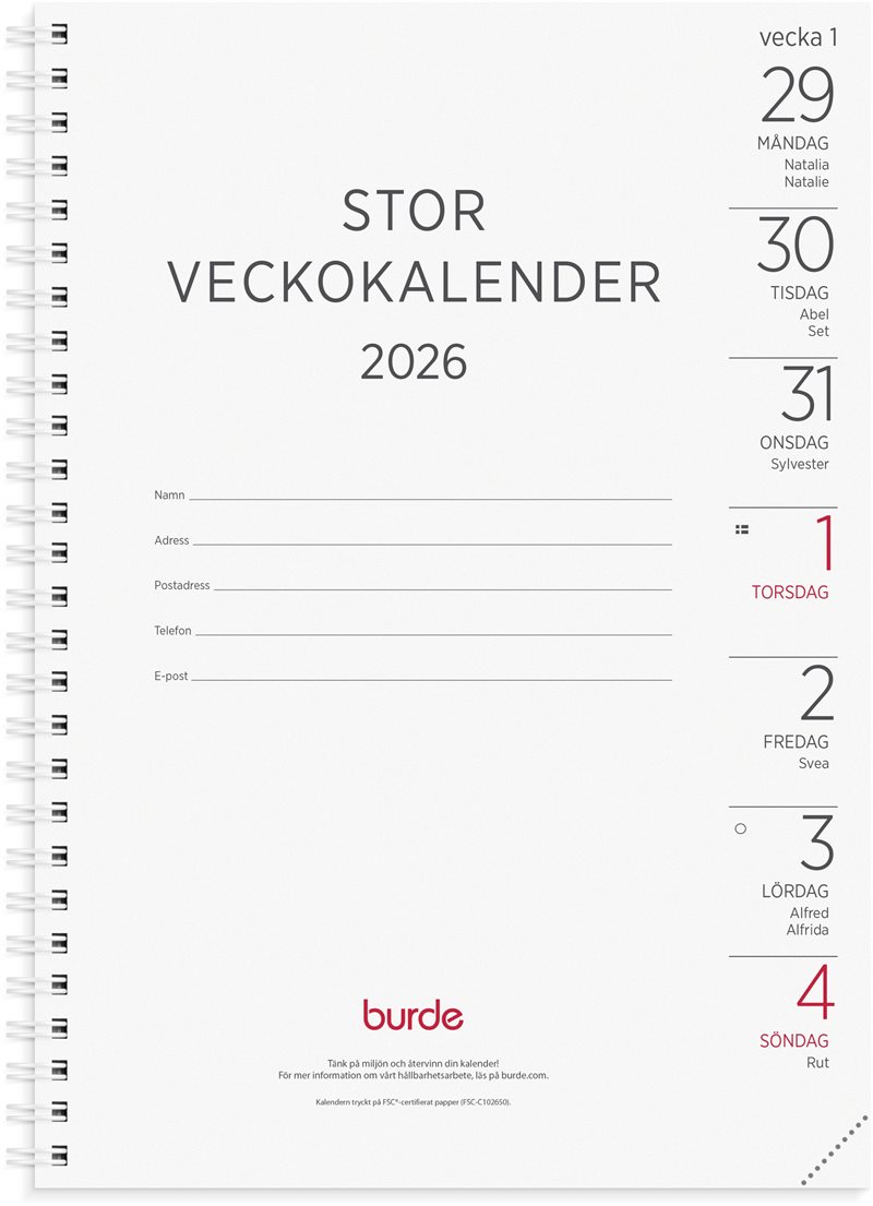 Kalender 2026 Stor Veckokalender refill