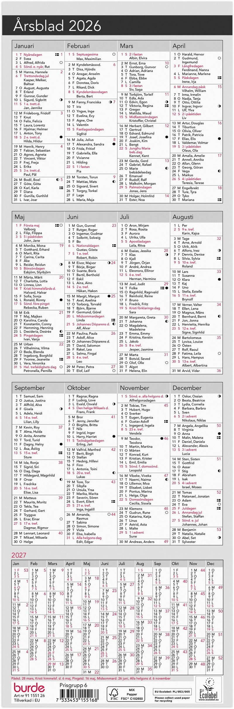 Kalender 2026 Årsblad