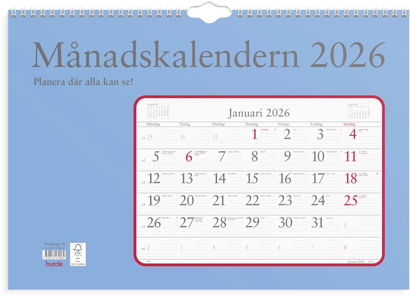 Väggkalender 2026 Månadskalendern