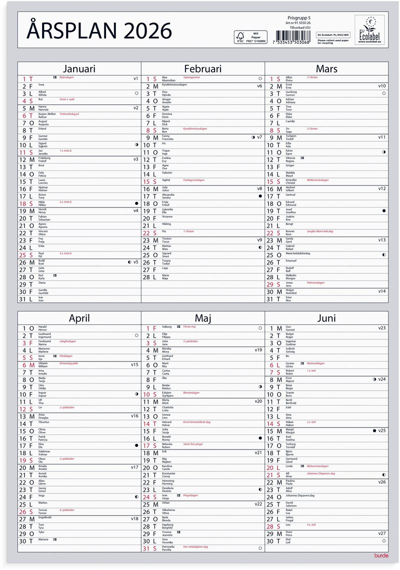 Väggkalender 2026 Årsplan