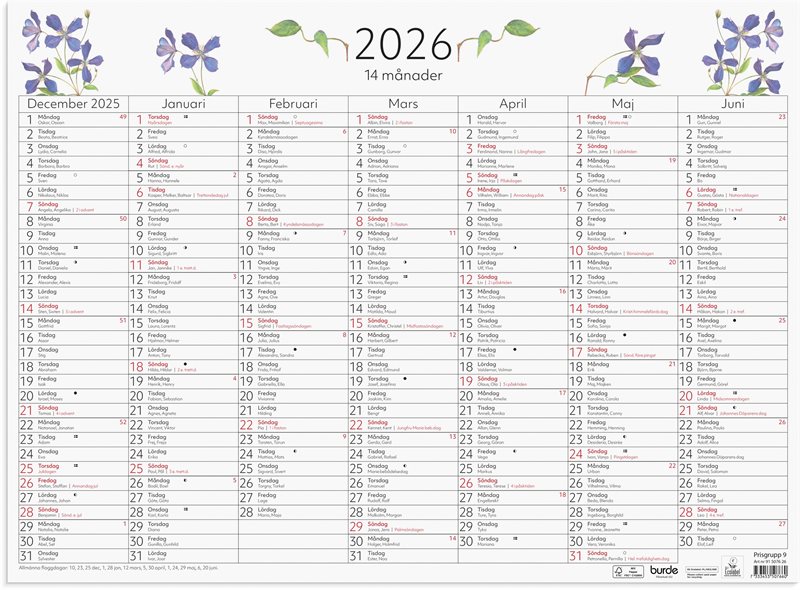 Väggkalender 2026 14-månaders väggblad